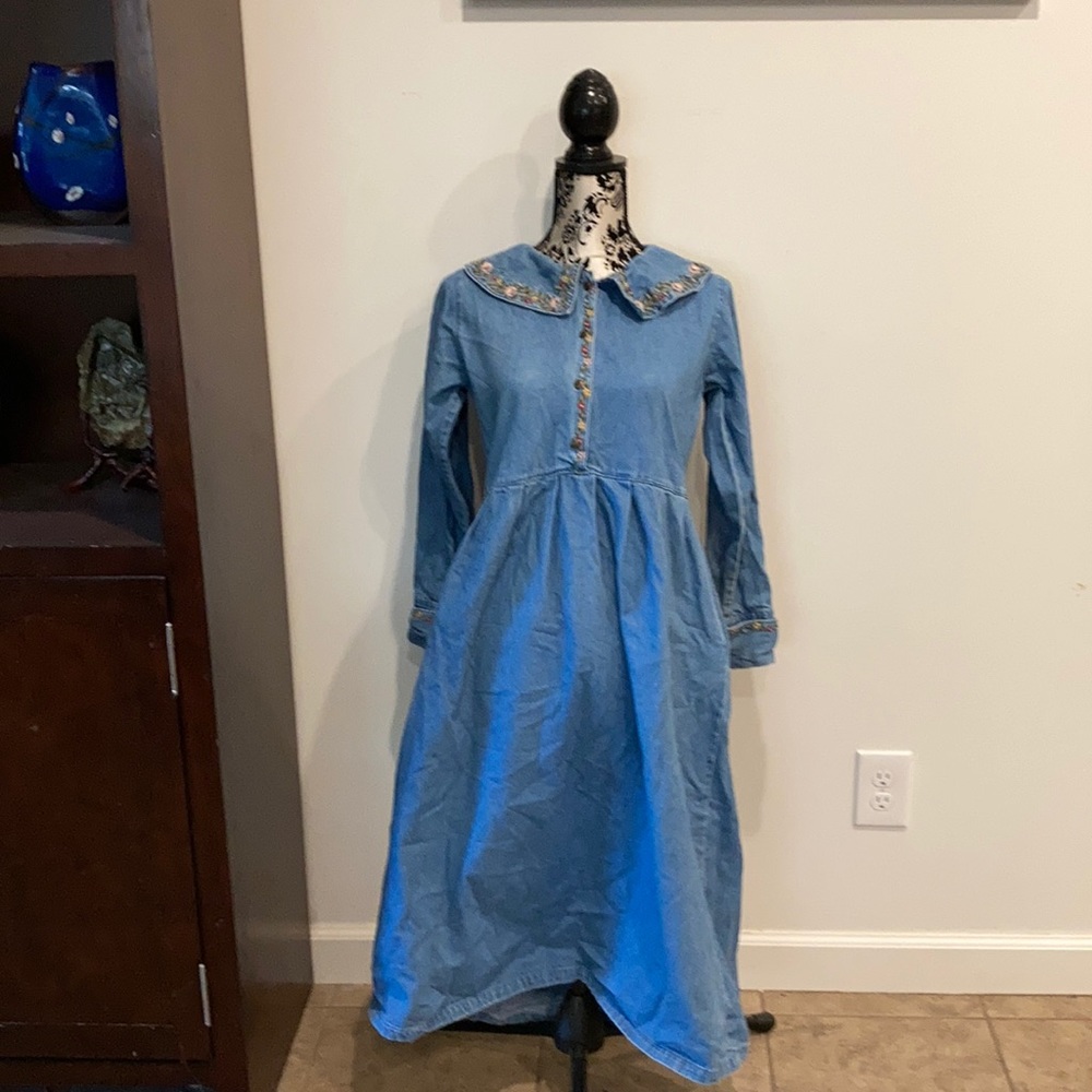 Denim style embroidered long sleeved dress by Fads